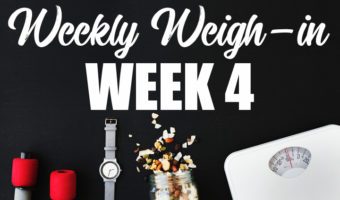 scales, hand weights, jar of granola, title